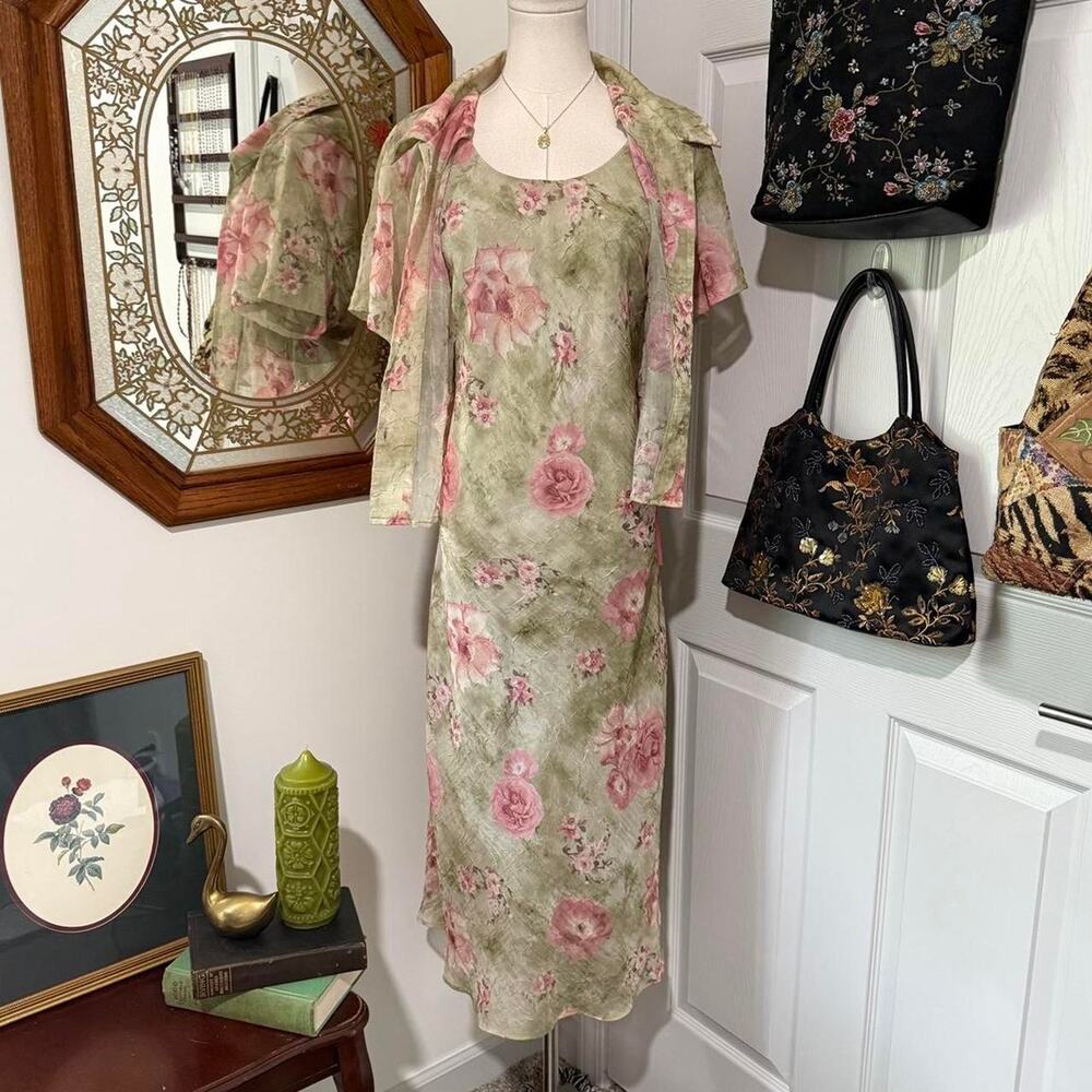 VTG 90s K & Company Green & Pink Floral Crinkle Tea Rose Maxi Dress & Top Set 14